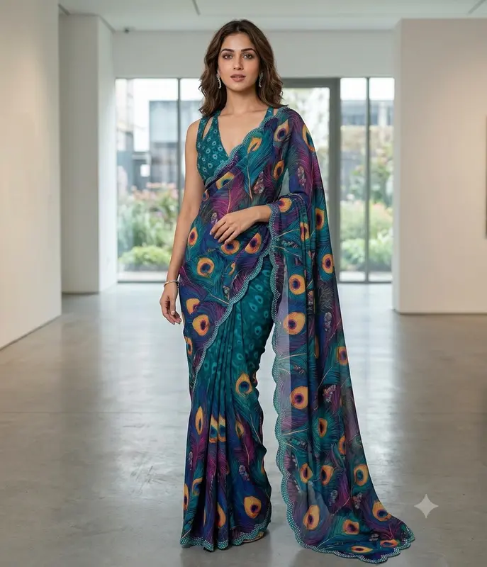Maina Weightless Chiffon Peacock Feathers Digital Print Saree