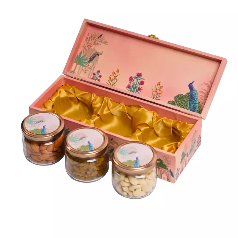 Luxury 3 Glass Jars Diwali Gift Box with Peacock Design | Premium Festive Gift Hamper