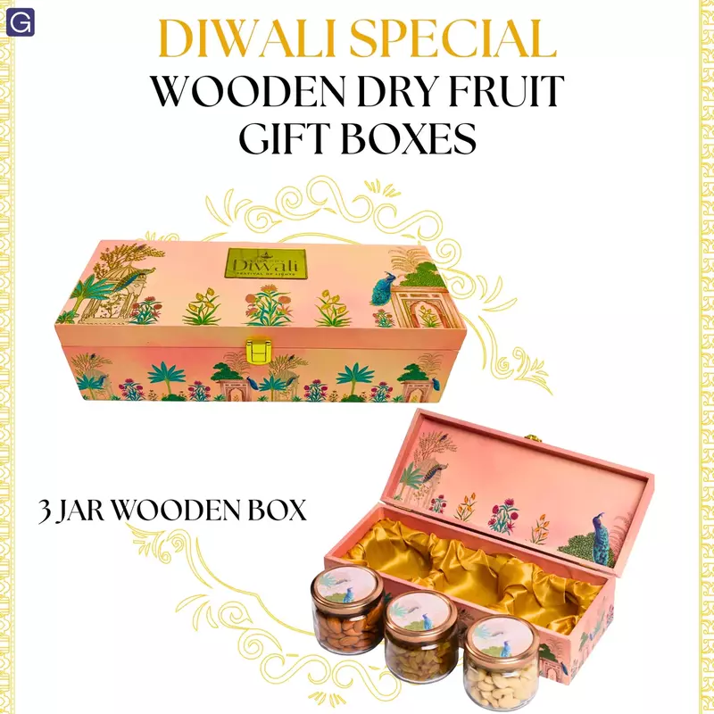 Luxury 3 Glass Jars Diwali Gift Box with Peacock Design | Premium Festive Gift Hamper