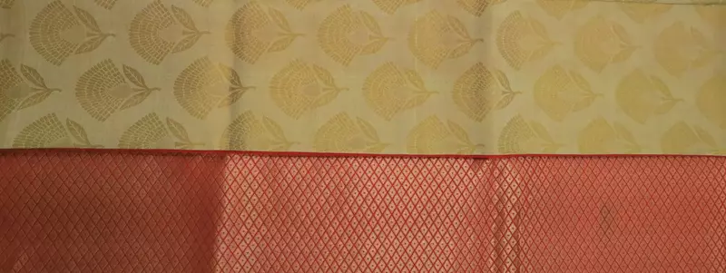 Golden beige silk saree with red zari border
