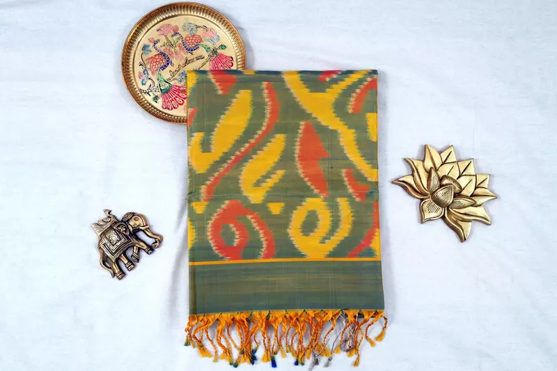 Green Ikat Silk Saree with Yellow Motifs & Silver Zari Border with Ikat blouse| Handloom Saree