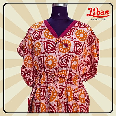 Redish Orange Cotton Kaftan Nighty With Floral Design From Libas Loungewear - KF382