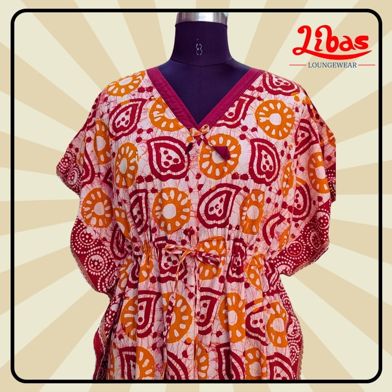 Redish Orange Cotton Kaftan Nighty With Floral Design From Libas Loungewear - KF382