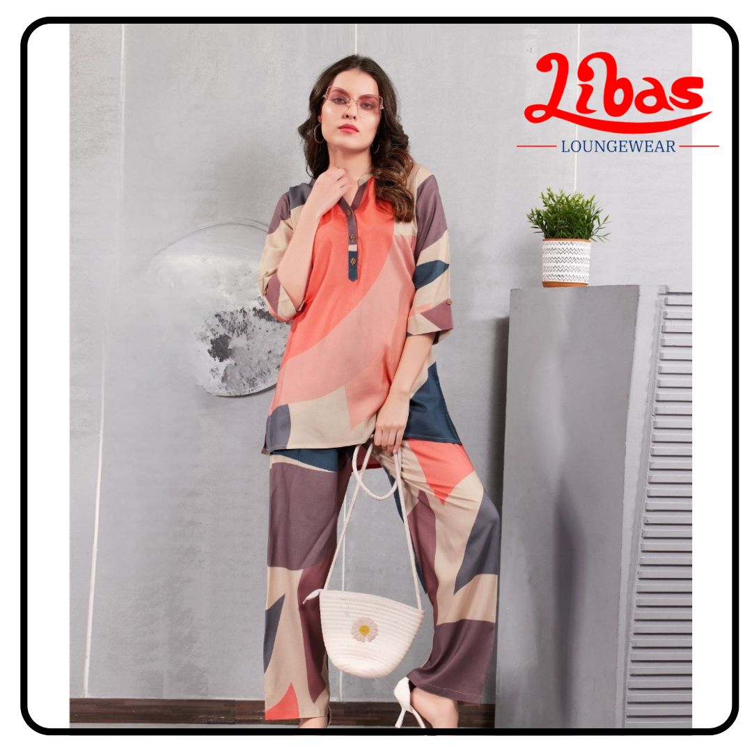 Sunset Peach Floral Print Top & Bottom Hosiery Cotton Night Suit From Libas Loungewear-FPS159