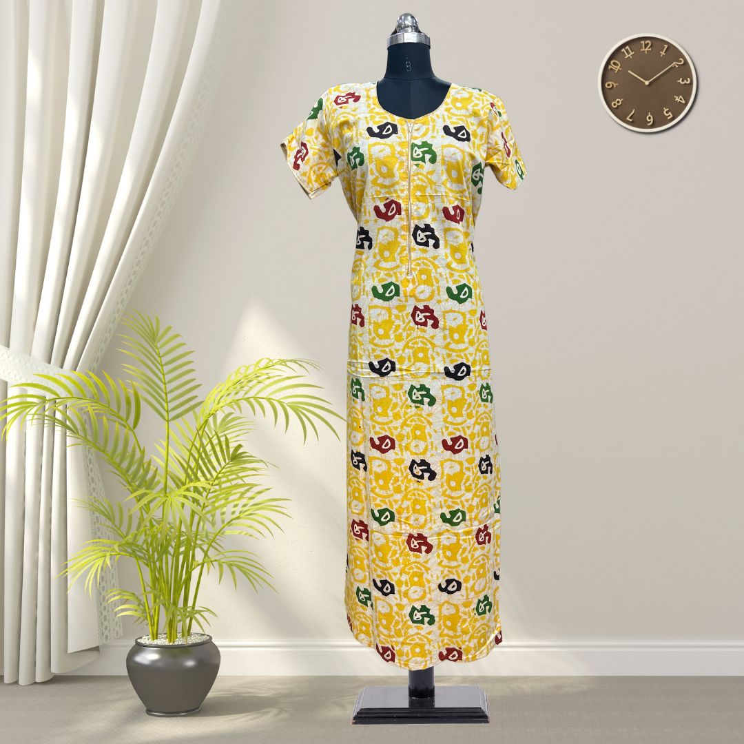 Lemon Yellow Batik Cotton Nighty With All Over From Libas Loungewear - AL1088