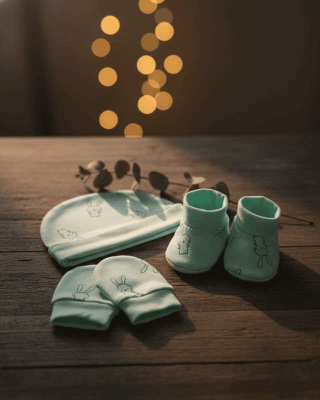 LittleToons Baby Essentials 3-Piece Set – Soft Cotton Cap, Mittens & Booties for Newborns (0–3 Months)