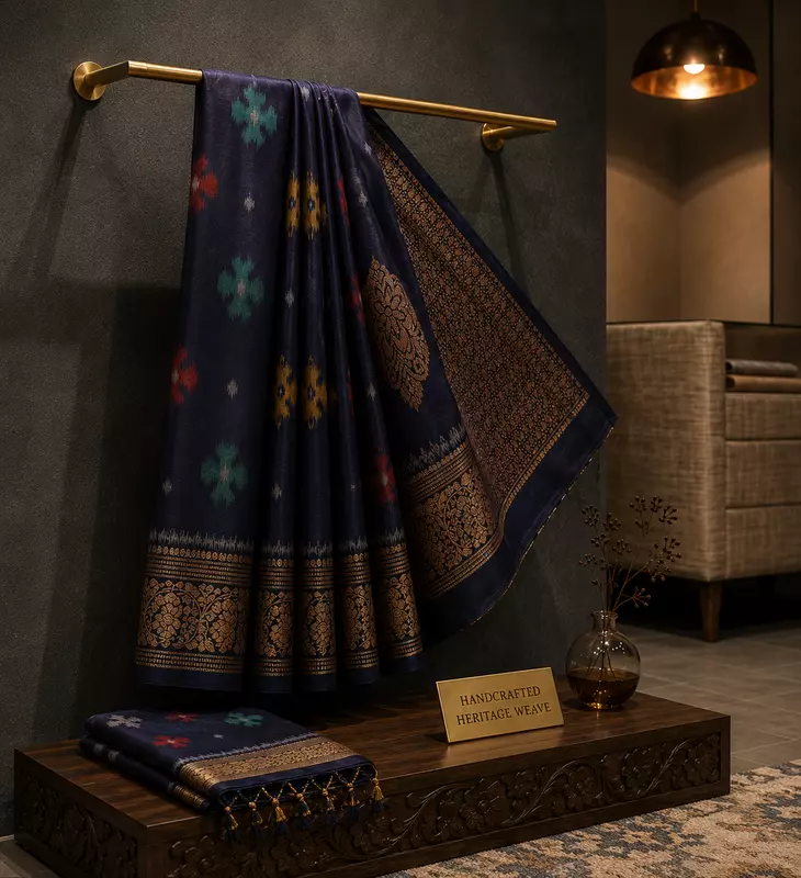 Navy Blue Ikat Silk Saree with Rich Gold Zari Pallu and butta | Handloom Saree