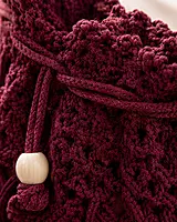 Burgundy Macrame Bucket Bag with Scallop Top & Wooden Beads