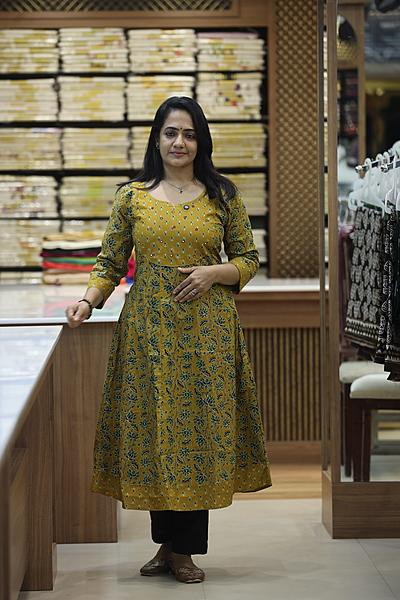 20jb mustard yellow and green printed anarkali kurthi