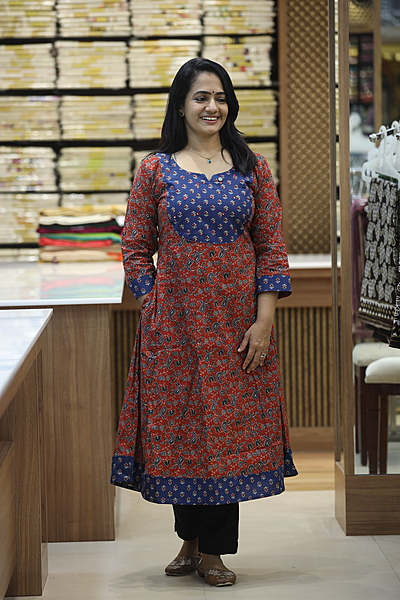 20ja blue and brick redprinted anarkali kurthi