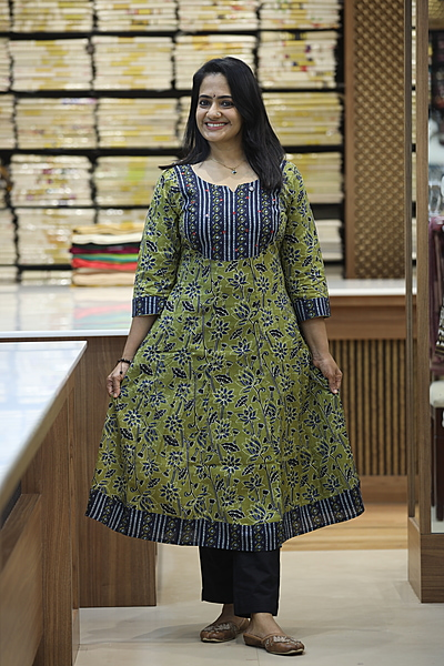20jc olivegreenand blue printed anarkali kurthi