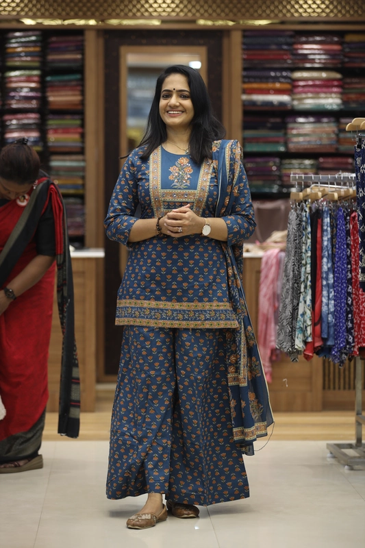 1833ja dustyblue short top and elephant palazo with duppatta 3pcs set