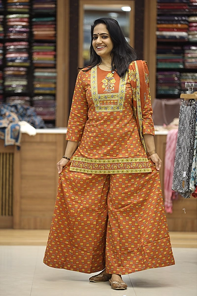 1834jbdusty orange short top and elephant palazo with duppatta 3pcs set