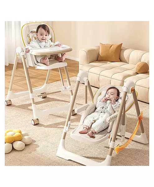 R for Rabbit Marshmallow Smart 2-in-1 High Chair with Swing for Baby, Adjustable Height, Dual Tray, Reclinable Backrest & Footrest Feeding Chair