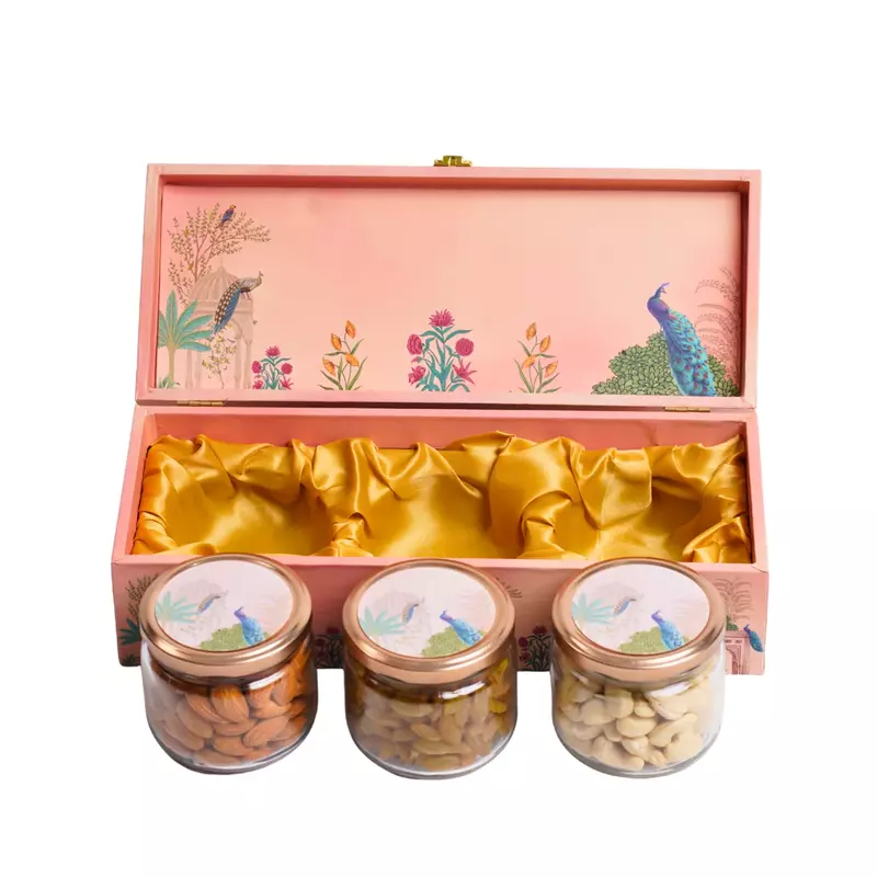 Luxury 3 Glass Jars Diwali Gift Box with Peacock Design | Premium Festive Gift Hamper