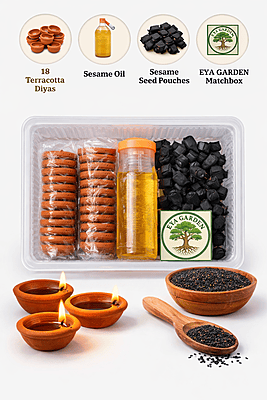 Lord Shani Dev Diya Kit – 18 Terracotta Diyas with Sesame Oil, Black Wick Pouches with sesame seeds & Matchbox