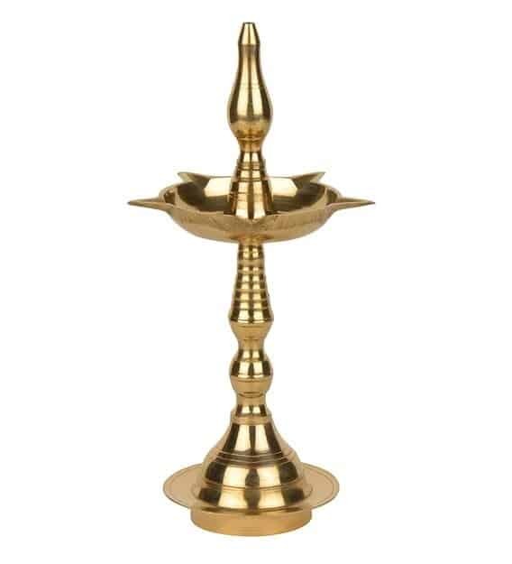 Traditional Brass Kerala Fancy Panchmukhi Kalash Deepak | Nilavilakku Oil Lamp with 5 Wicks Standing Puja Diya for Inauguration & Home Temple