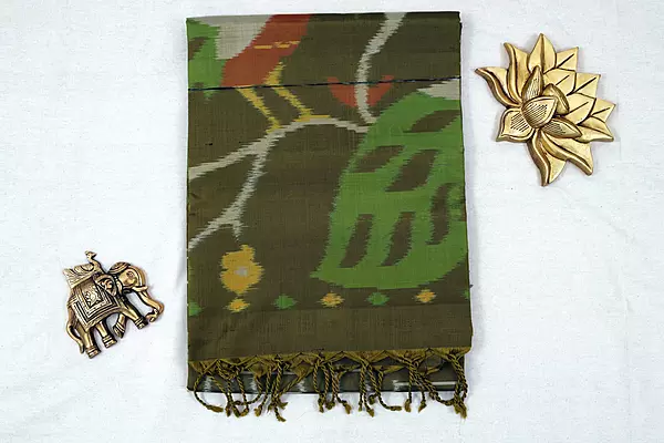 Olive Green Ikat Silk Saree with Peacock pallu & Geometric Motifs | Handloom Saree