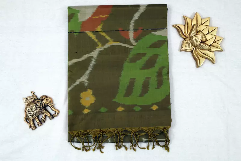 Olive Green Ikat Silk Saree with Peacock pallu & Geometric Motifs | Handloom Saree