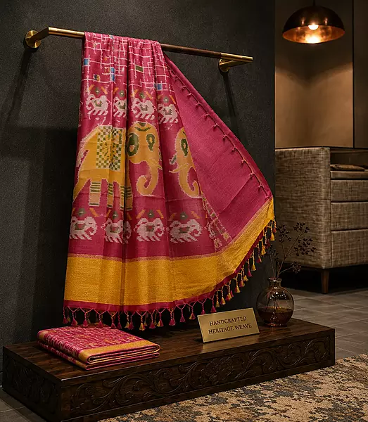 Pink ikat silk saree with elephant motif pallu – Karai kommai design