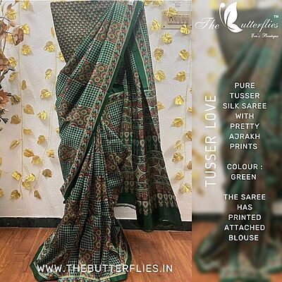 Pure Tusser Silk Saree with Pretty Ajrakh Prints BMRSTUS18141