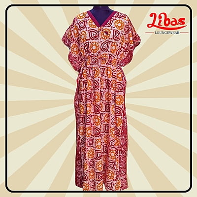 Redish Orange Cotton Kaftan Nighty With Floral Design From Libas Loungewear - KF382