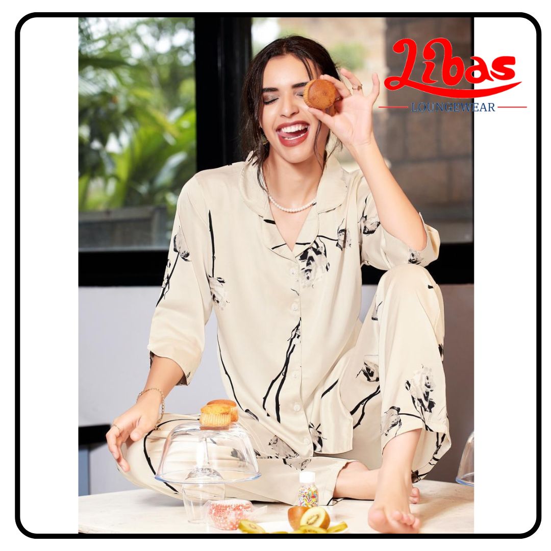 Vanilla Cream Geometric Print Top & Bottom Hosiery Cotton Night Suit From Libas Loungewear-FPS160