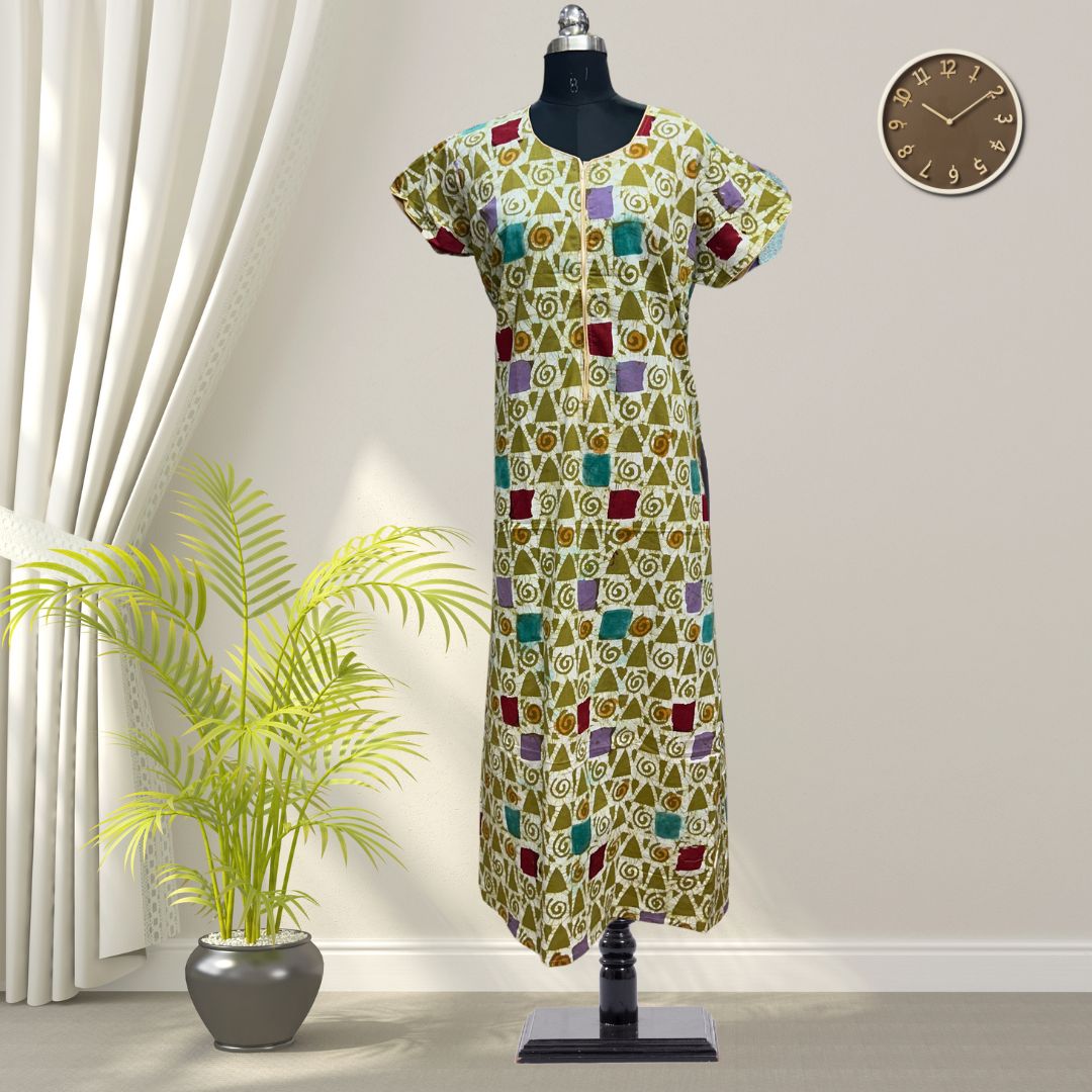 Greeny Batik Cotton Nighty With All Over From Libas Loungewear - AL1089