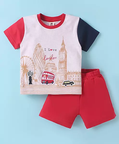 ToffyHouse  Half Sleeves T-Shirt & Shorts Set With London Print - Red