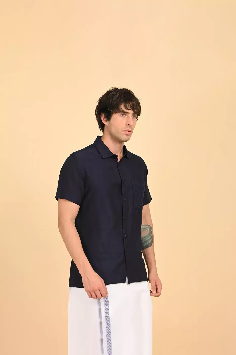 Men Short Sleeve Ethnic Shirt - Navy Blue