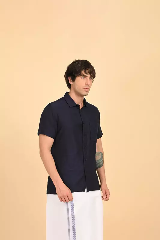 Men Short Sleeve Ethnic Shirt - Navy Blue