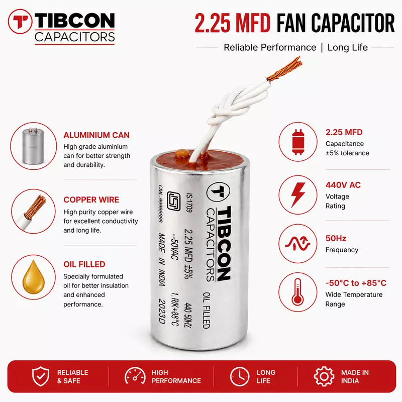 Tibcon 2.25 MFD Fan Capacitor | 440V | Oil Filled | Wire Type