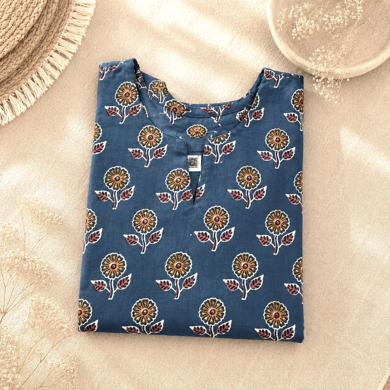 Blue Booty Block Printed Short Kurti-X-Large