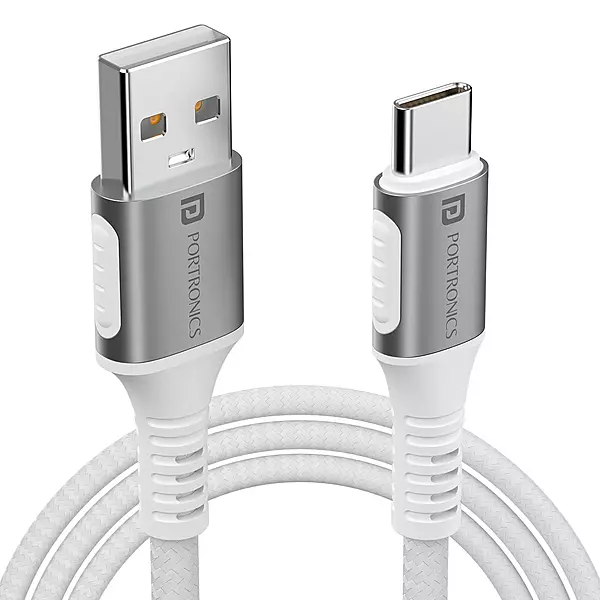 Portronics Konnect Y USB to Type-C Cable – White, durable and fast charging, perfect for connecting devices. Ideal for data transfer and syncing, compatible with various Type-C devices.