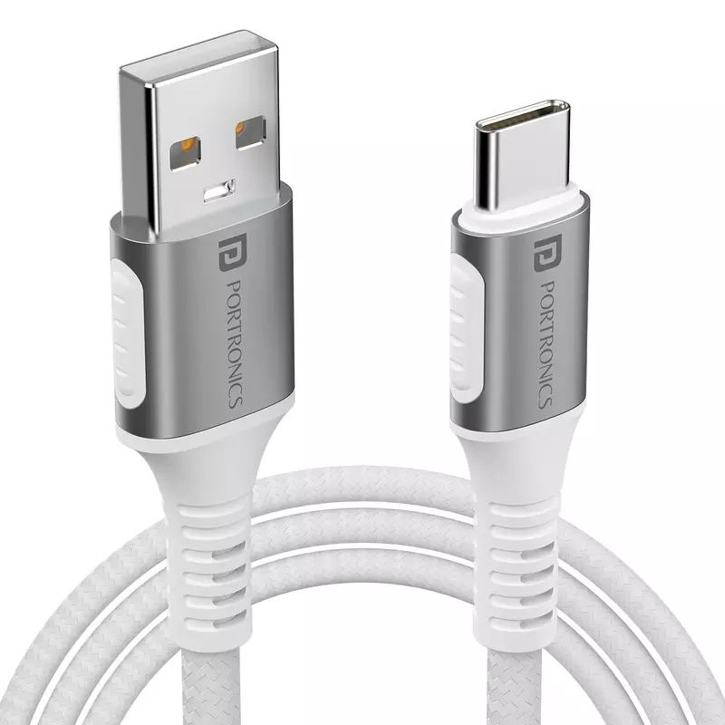 Portronics Konnect Y USB to Type-C Cable – White, durable and fast charging, perfect for connecting devices. Ideal for data transfer and syncing, compatible with various Type-C devices.