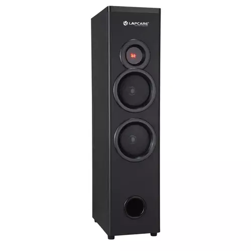 Lapcare Raftar LTS‑606 60 W tower speaker with Bluetooth, USB/AUX/FM support, wired mic, LED lighting, and remote. Perfect for parties & events.