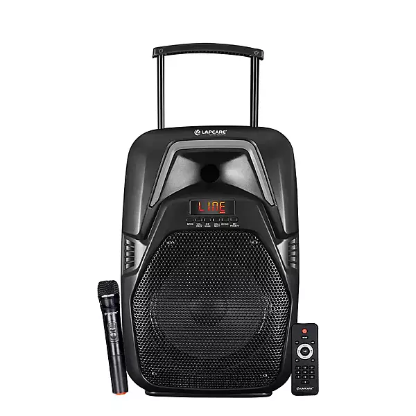 lapcare LAPSONIC IV LTS‑612: 40 W stereo party speaker with wired mic, Bluetooth/AUX/FM/USB support, LED lights & remote control—perfect for events