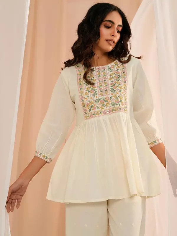 Off White Cotton A-Line Kurti