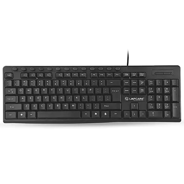 Lapcare E9 keyboard: 117 spill‑resistant soft keys, 13 hotkeys, UV‑coated legends, ergonomic layout & 5 M keystroke lifespan—ideal for daily use.
