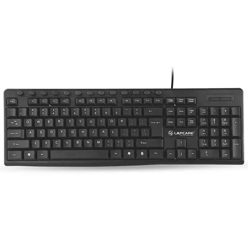 Lapcare E9 keyboard: 117 spill‑resistant soft keys, 13 hotkeys, UV‑coated legends, ergonomic layout & 5 M keystroke lifespan—ideal for daily use.