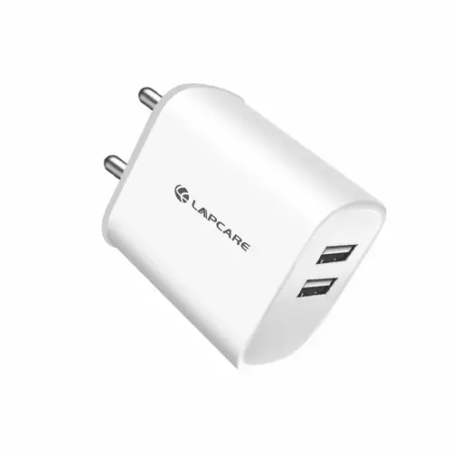 Lapcare Wall Charger LWC‑636 dual USB‑A charger offers 5 V/2.4 A (12 W) output, universal 100–240 V input, travel-friendly compact design (~50 g), built‑in short‑circuit protection