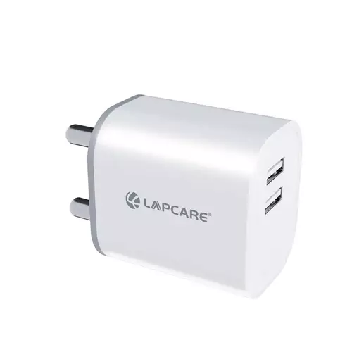 Lapcare Wall Charger LWC-612 – Dual USB-A/USB-C Outputs | 5V/2.4A Combined | Universal 100-240V Input | Built-In Protections | LED Power Indicator