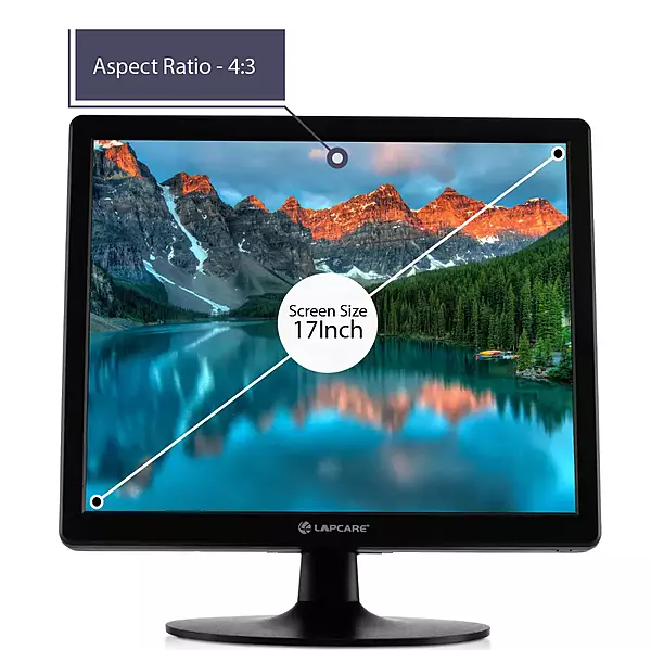 LapCare LM17SQ: 17″ HD (1440×900) LED monitor with 8 W power usage, VGA + HDMI ports, wall‑mountable, 2/6 ms response, flicker‑free.
