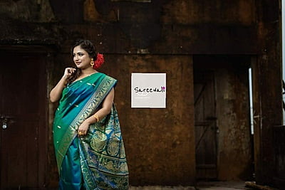 Blue green dual tone pure katan silk Baluchari saree from the Kadambari series