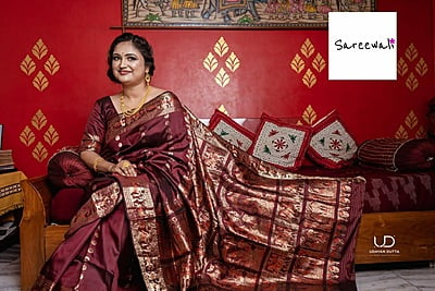 Chand buta  dark brown color pure katan silk Swarnachari saree