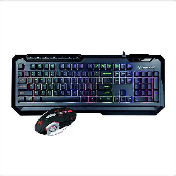 Lapcare LGC‑003 combo: RGB keyboard with 10M keystroke life & 6-button RGB mouse with 3600 DPI, braided cables & plug-and-play support.
