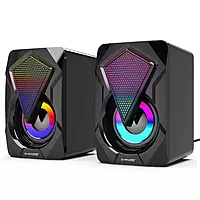 Lapcare LUS‑003: 6 W (3 W × 2) USB‑powered gaming speakers with 360° stereo sound, 7‑color LED lights, AUX input, inline volume control, 150 Hz‑20 kHz freq. range. warranty.