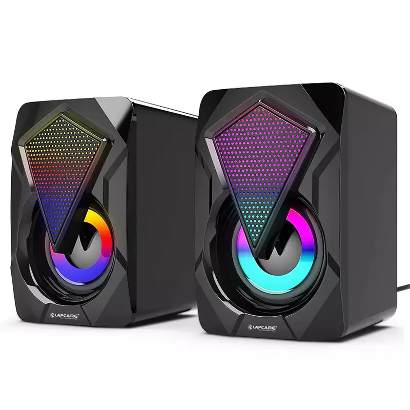 Lapcare LUS‑003: 6 W (3 W × 2) USB‑powered gaming speakers with 360° stereo sound, 7‑color LED lights, AUX input, inline volume control, 150 Hz‑20 kHz freq. range. warranty.