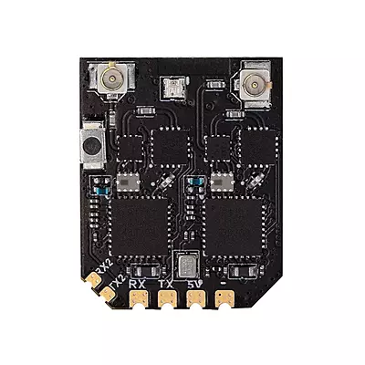 Top view of the RadioMaster XR4 dual-band receiver showing its dual RF transceivers Top view of the RadioMaster XR4 dual-band receiver showing its dual RF transceivers