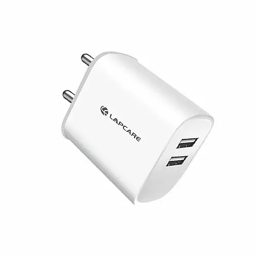 Lapcare Wall Charger LWC‑672: dual USB-A ports delivering 5 V/2.4 A combined, universal 100–240 V input, compact (~50 g) travel-ready design with built‑in short‑circuit protection.